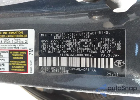 2008 Toyota Camry Se V6 из США, поврежденный, VIN 4T1BK46K48U070040